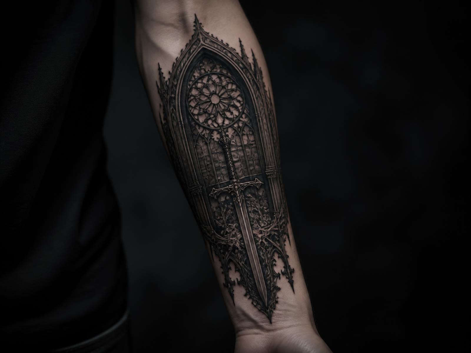 Gothic blackwork cathedral window and dagger tattoo on a forearm