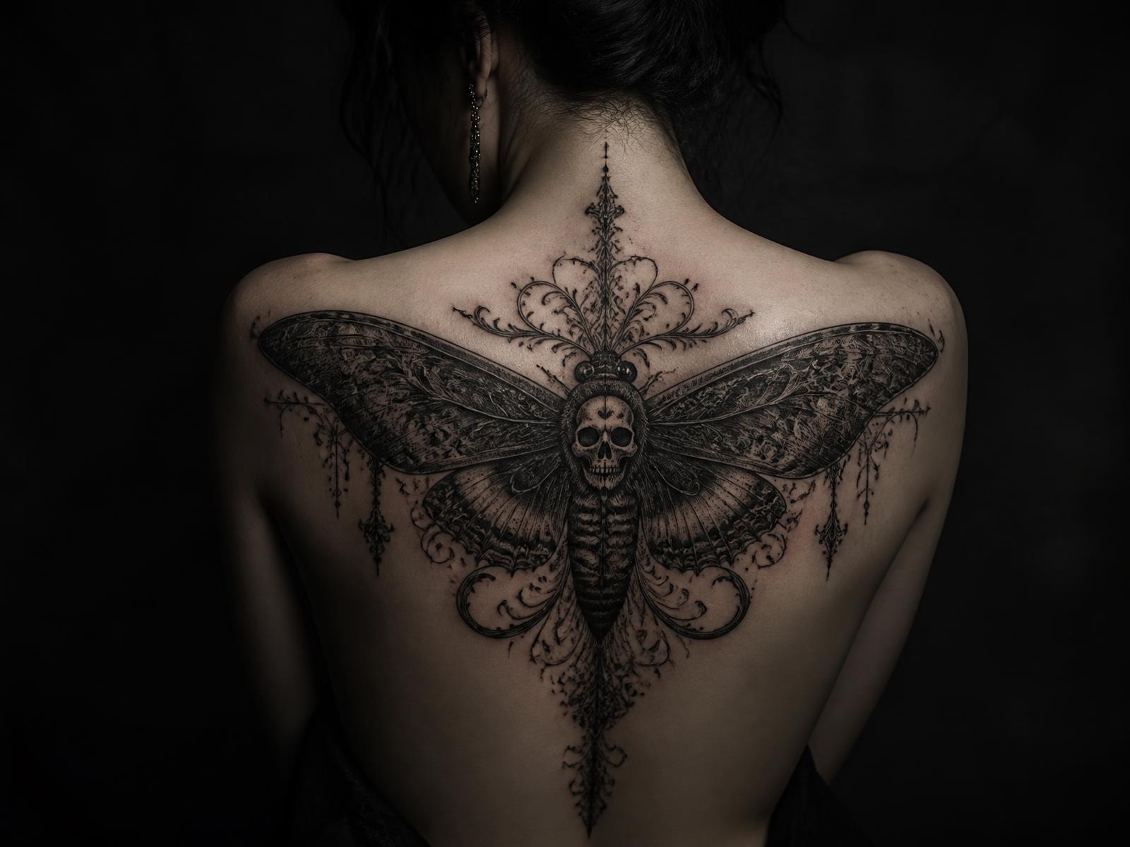 Gothic fine-line death's-head moth back piece with filigree ornament