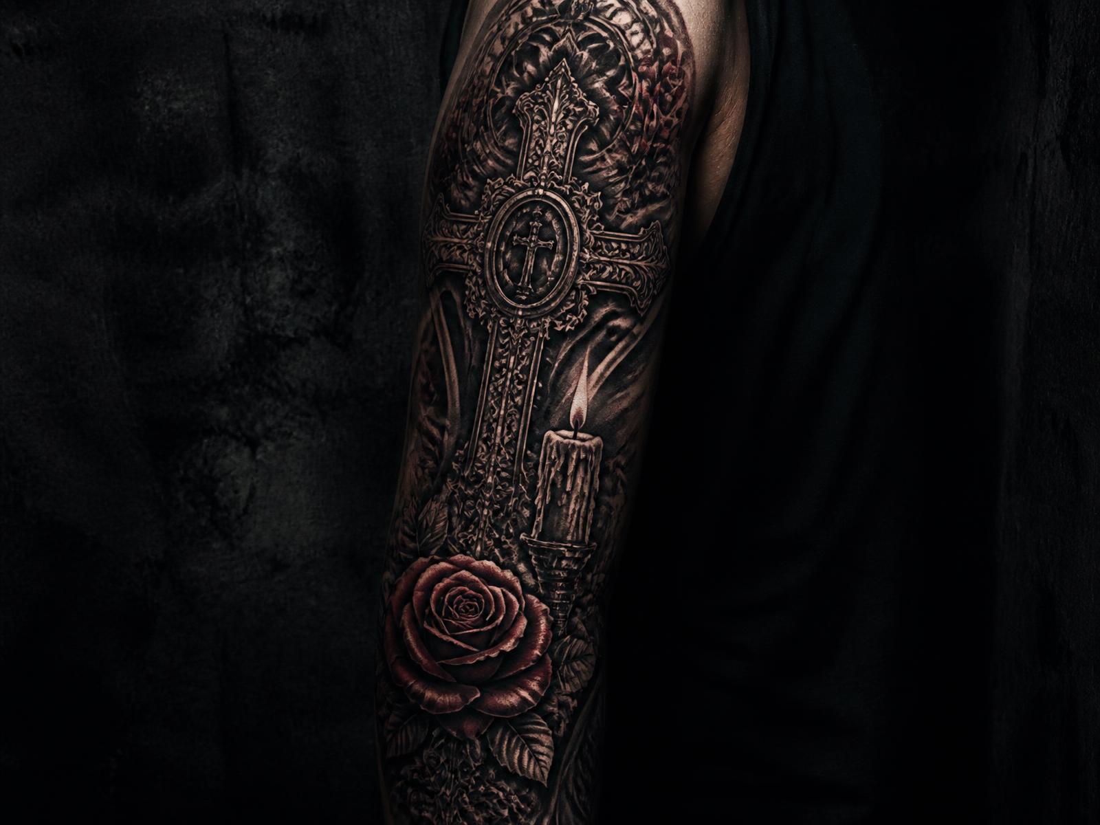 Gothic neo-traditional sleeve with ornate cross, candle and dark rose