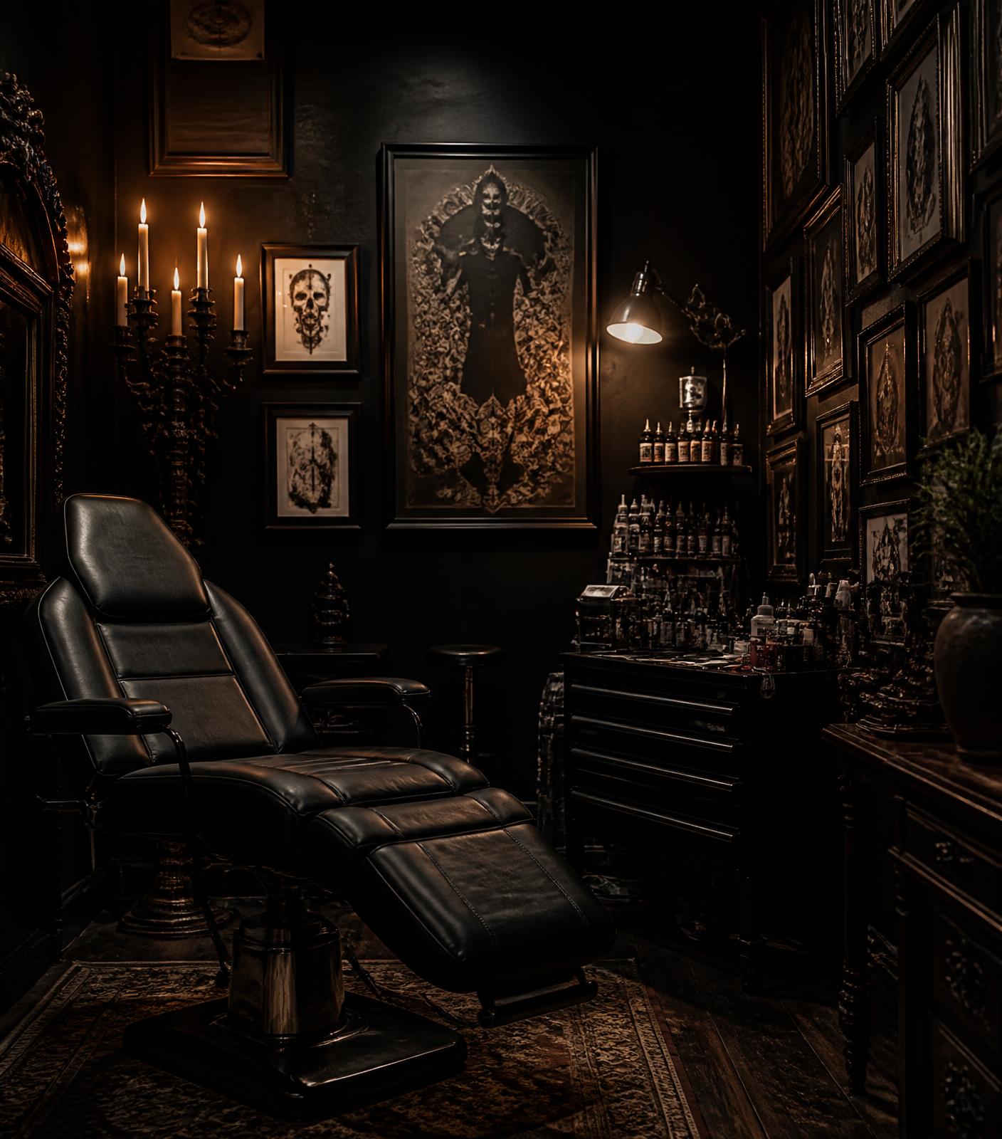 Private tattoo room with black walls and framed illustrative artwork
