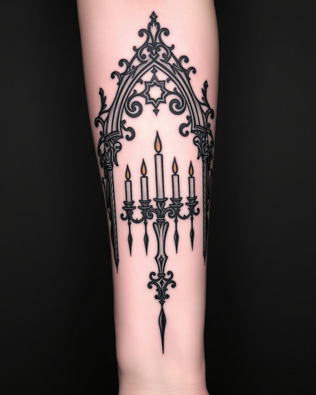 Gothic arch and candelabra blackwork tattoo on a forearm