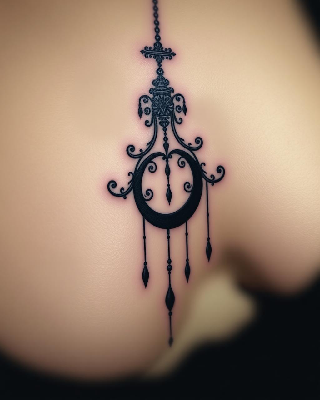 Fine-line gothic chandelier and crescent moon tattoo on a sternum