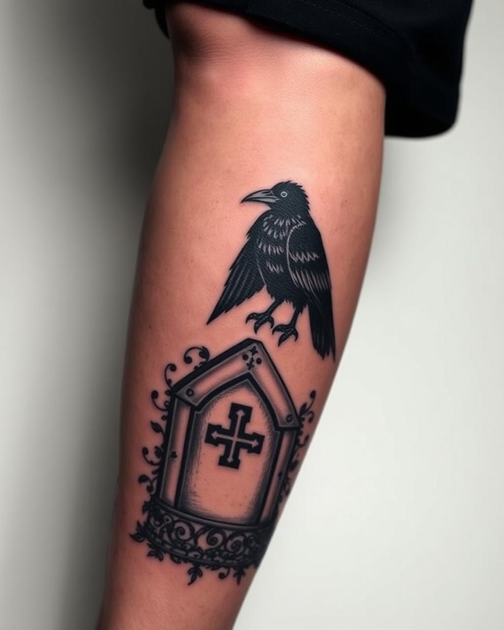 Illustrative raven and tombstone tattoo on a calf