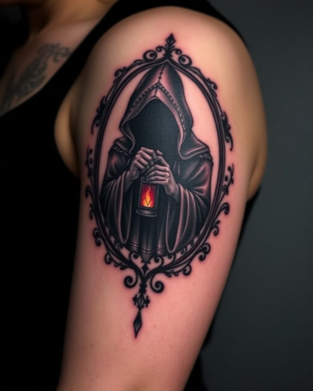 Neo-traditional hooded figure with lantern tattoo on an upper arm