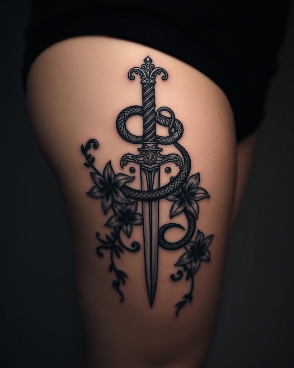Blackwork serpent and dagger tattoo with dark lilies on a thigh