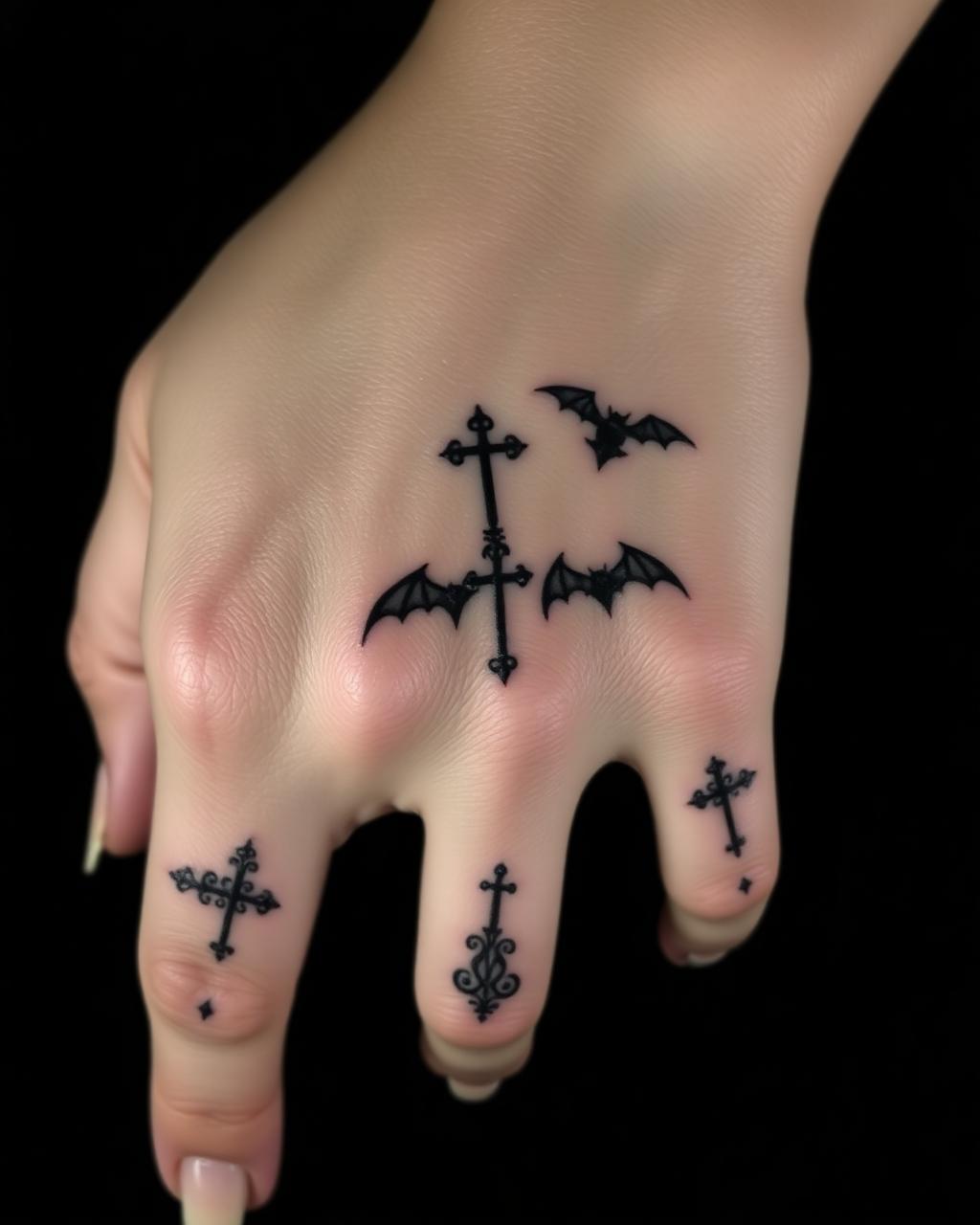 Fine-line gothic crosses and bats tattooed on a hand and fingers