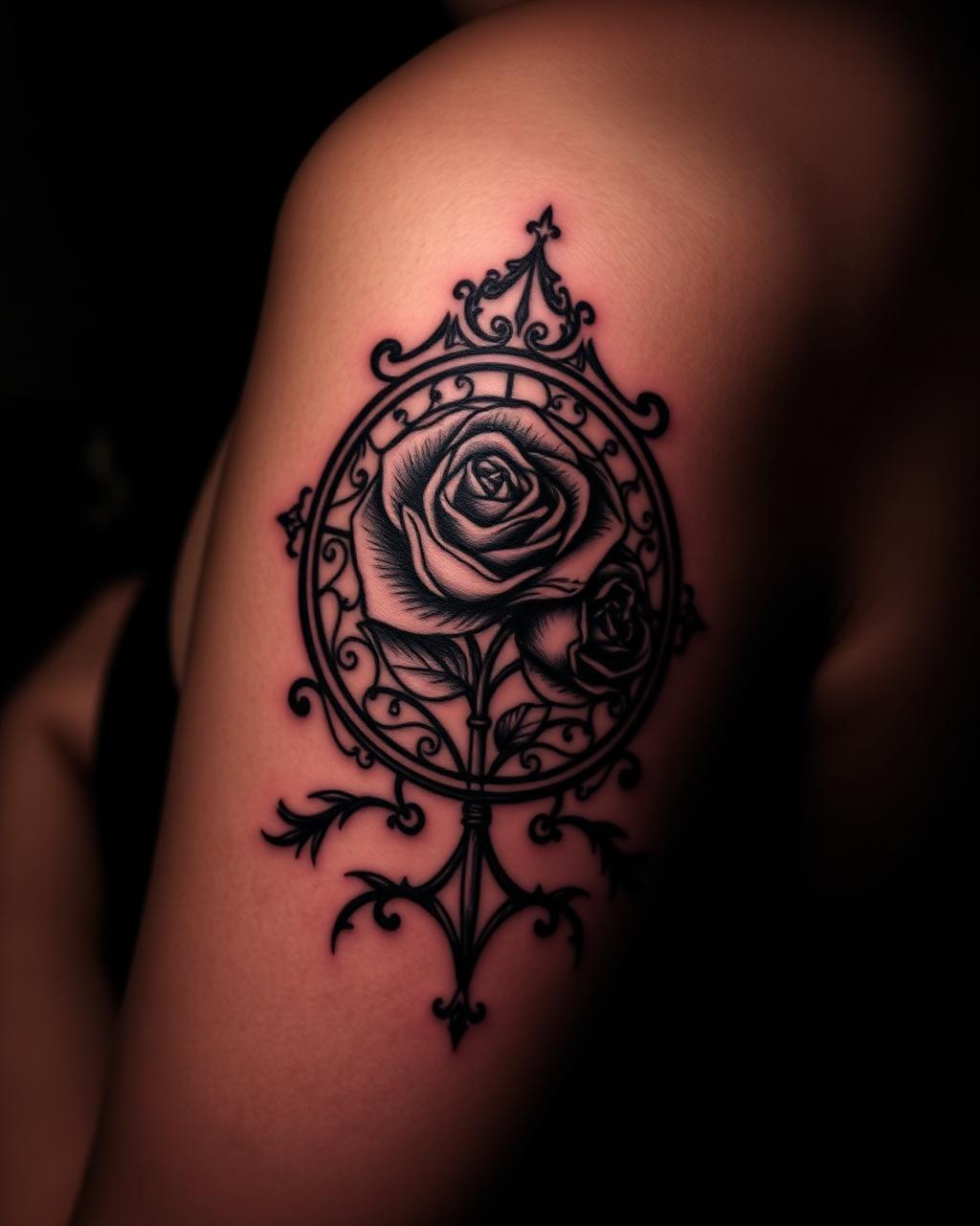 Illustrative gothic rose window tattoo on a shoulder