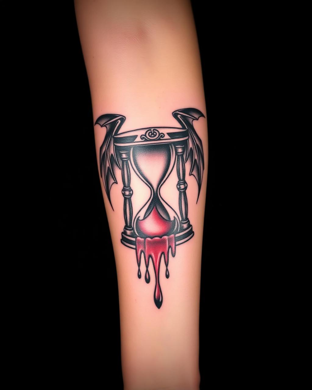 Neo-traditional winged hourglass tattoo on a forearm